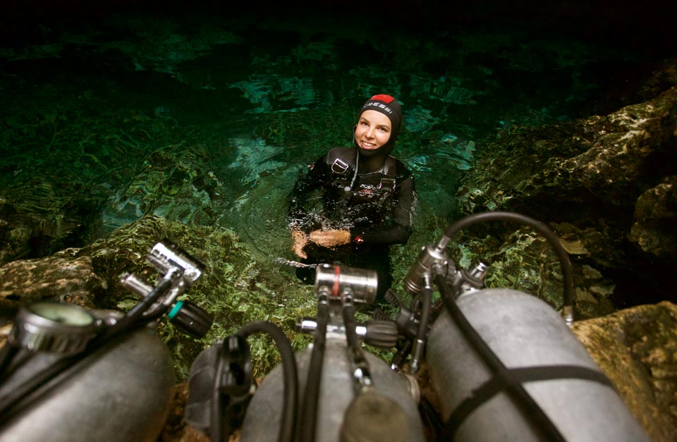 happy tec diving student in a Cenote